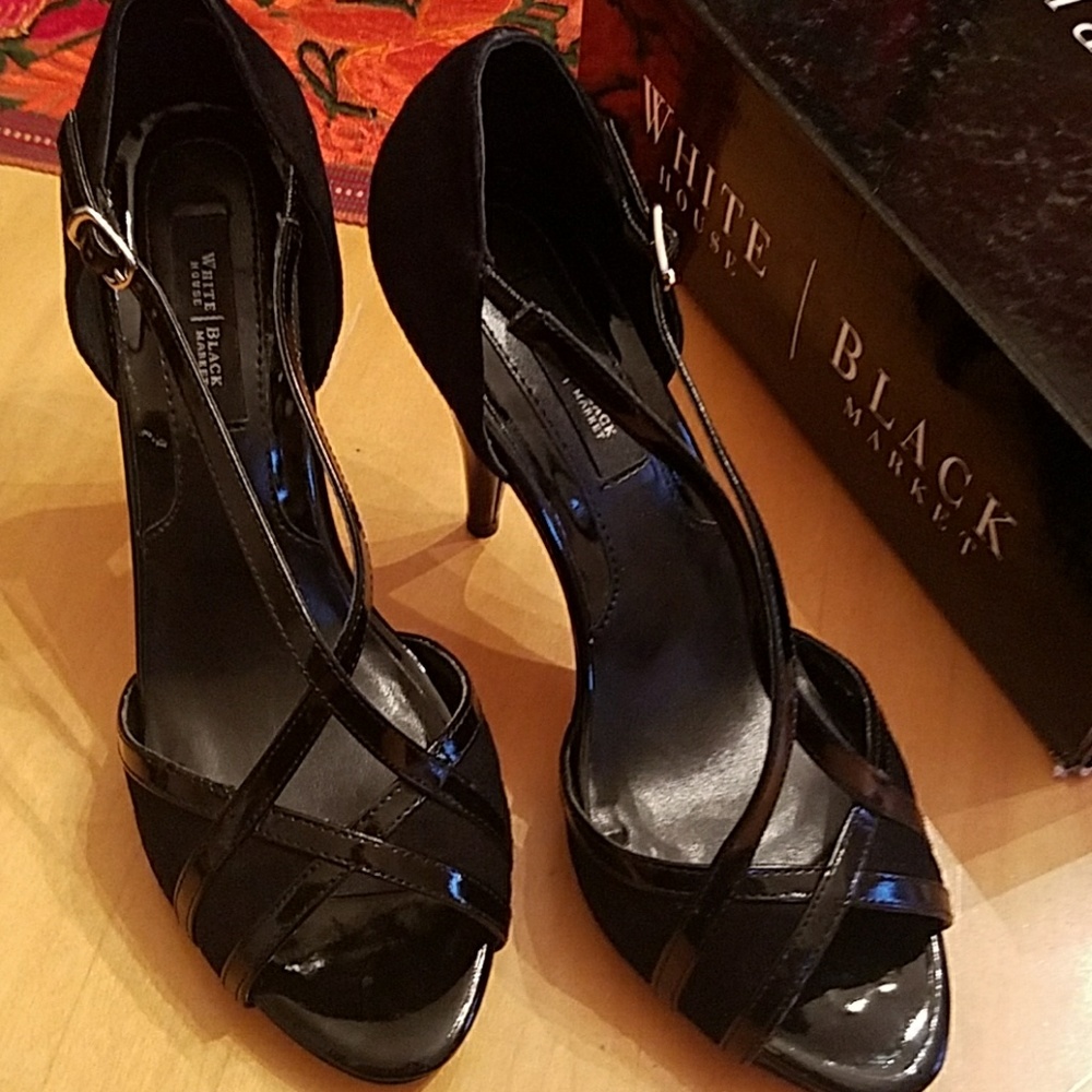 WHBM Lyon Black Suede & Patent Heels